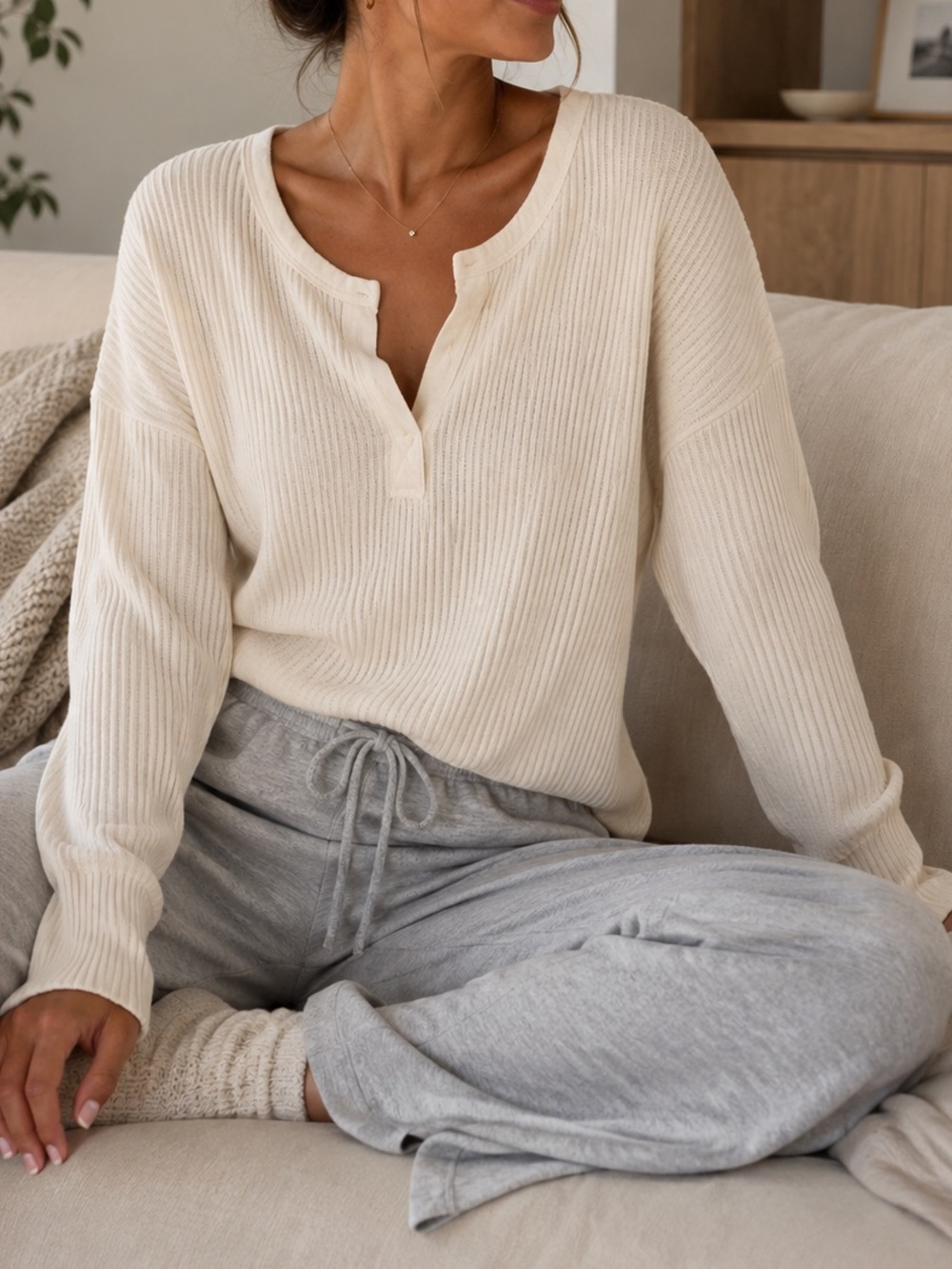 aerie Fireside White Ribbed Henley Long Sleeve Top Fall Layers Lagenlook Coastal